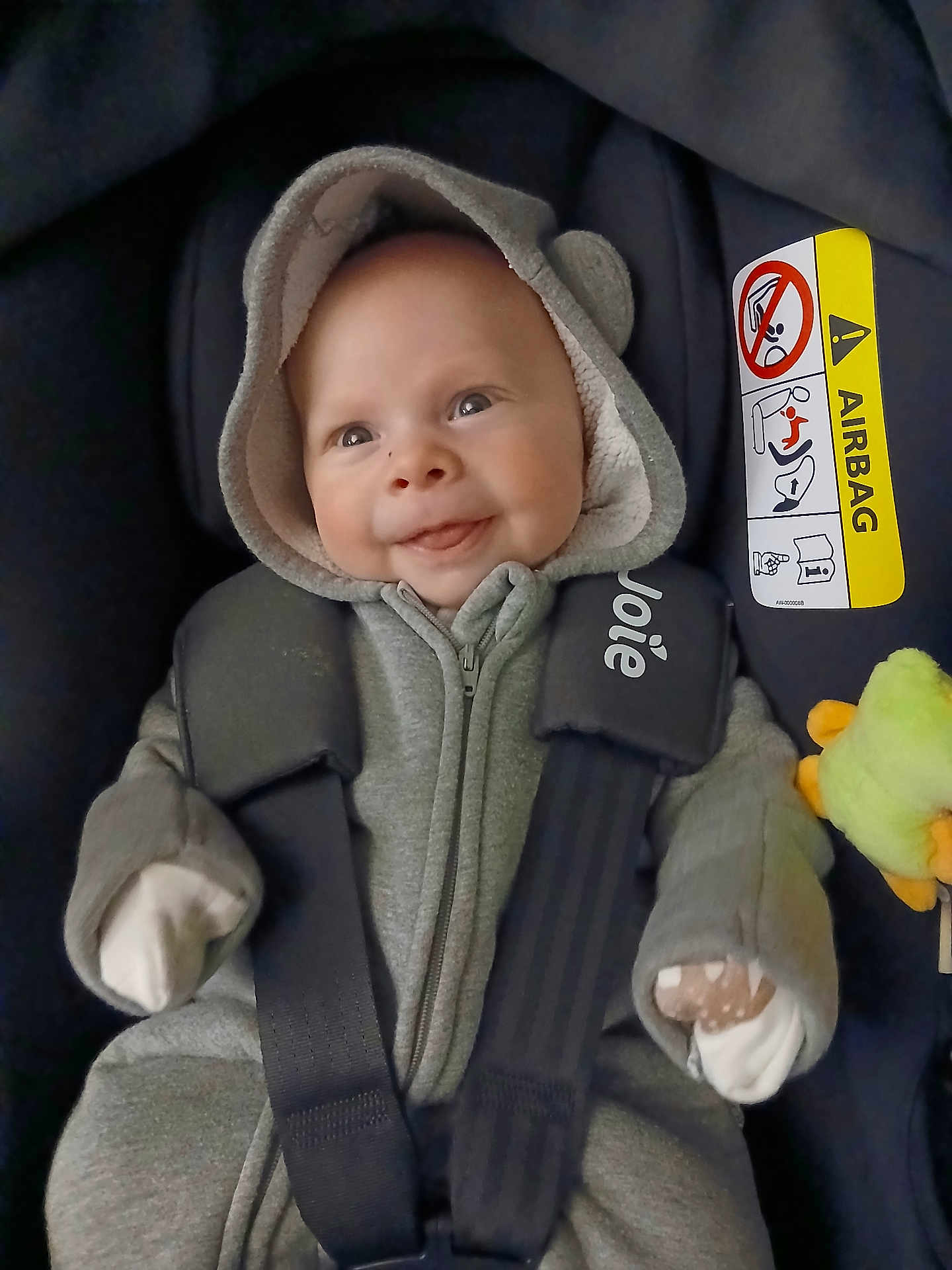 Llewyn is registered to the contest to win money with this photo: baby, infant, car_seat, hooded_outfit, smiling, child, seatbelt, plush_toy, cozy, cute, young, person, clothing, safety, car, transportation, happy, indoors, portrait, warm