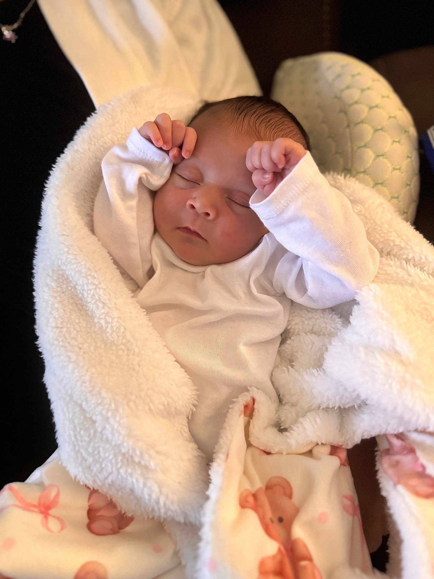 Isabella joined the competition — help win amazing prizes! baby, newborn, sleeping, blanket, white_clothing, teddy_bear_pattern, fluffy, cozy, infant, cute, peaceful, wrapped, soft, portrait, hands_up, resting, indoors, sleep, child, person