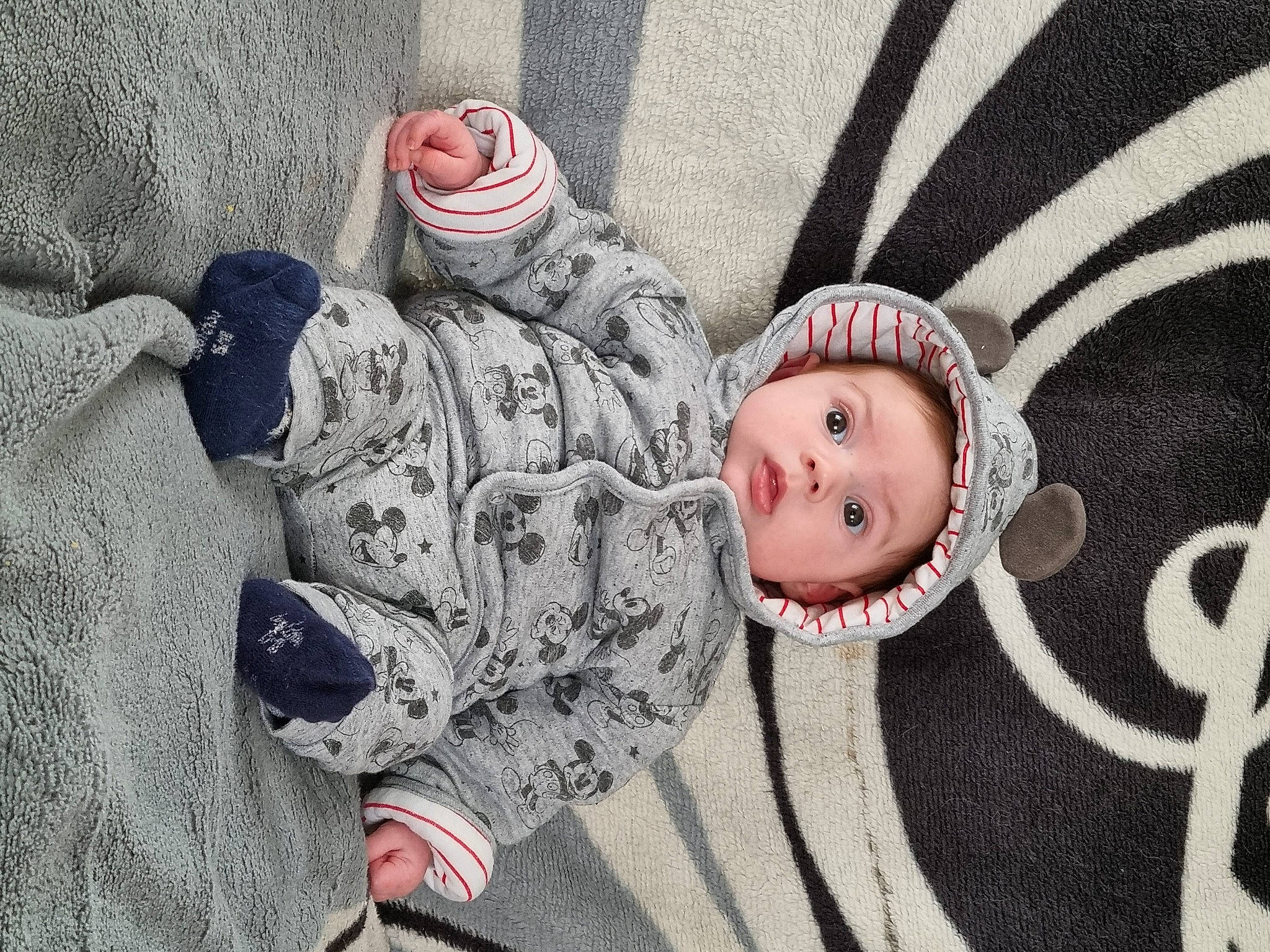 Louka a rejoint le concours — aidez-le/la à gagner de superbes lots ! baby, baby_toddler_clothing, cap, child, comfort, facial_expression, flooring, fun, fur, grey, headgear, human_body, knit_cap, linens, pattern, person, product, road_surface, skin, surprise