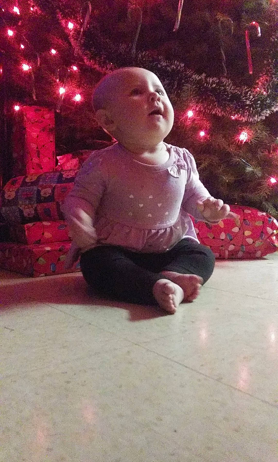 Delylah joined the competition — help win amazing prizes! baby, cheek, child, christmas, christmas_eve, christmas_tree, head, holiday, leg, person, pink, plant, red, sitting, smile, standing, toddler, tree
