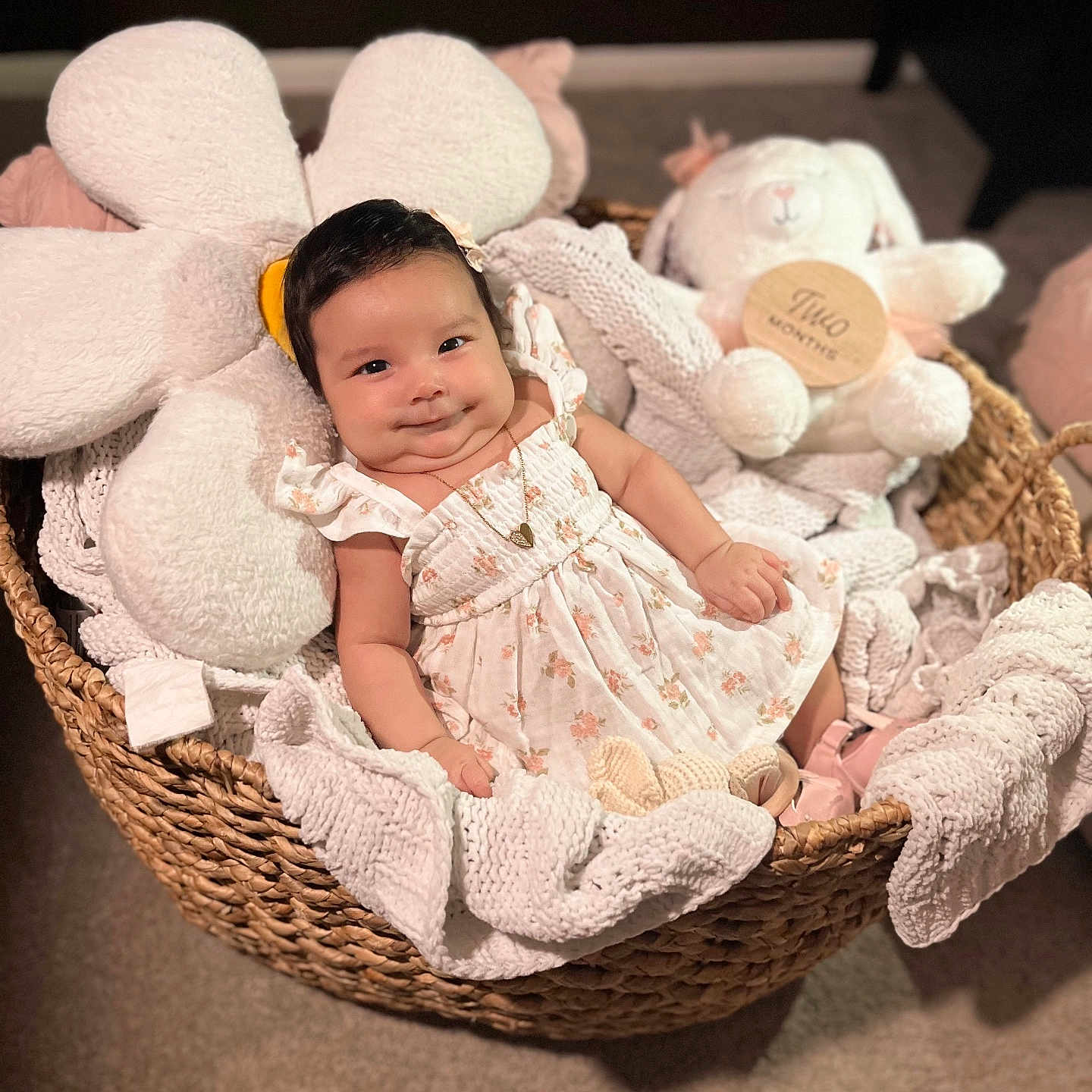 Abilene joined the competition — help win amazing prizes! baby, basket, blanket, clothing, crib, face, furniture, happy, hat, head, infantbed, newborn, person, photography, portrait, sitting, sleeping, smile, teddybear, toy