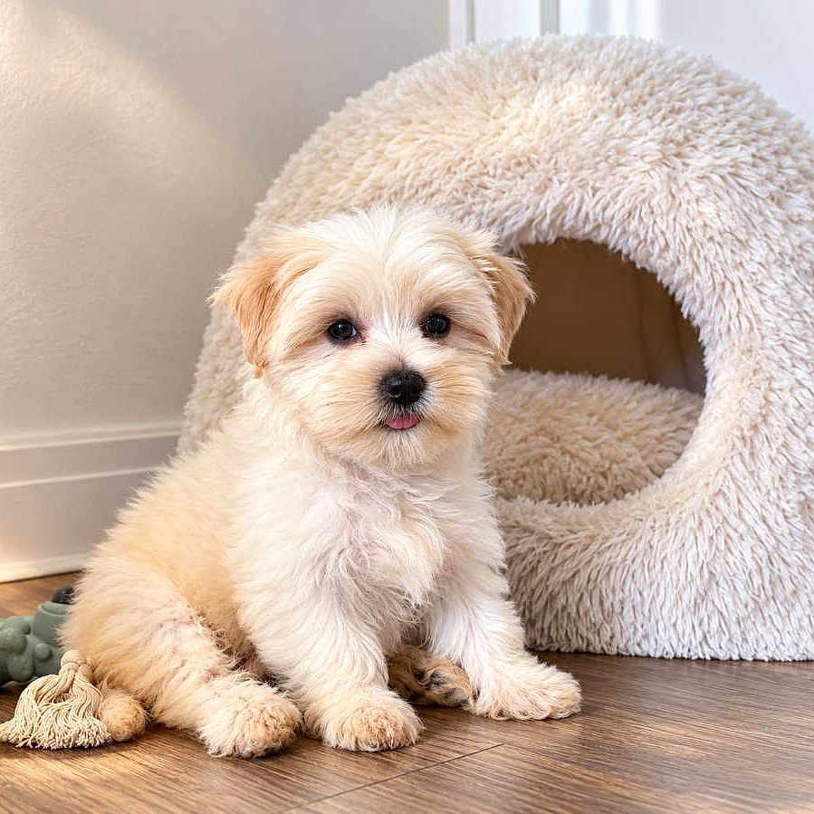 Blubay participe au concours pour gagner de l'argent avec cette photo : adorable, black_nose, cozy, cream_colored, cute, dark_eyes, dog, fluffy, home_decor, indoor, long_hair, pet, pet_bed, plush, portrait, puppy, sitting, small_dog, tongue, wood_floor