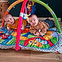 baby, infant, twin_babies, play_mat, play_gym, toy, colorful, crawling, indoor, wooden_floor, sweater, pacifier, face, looking_at_camera, mat, basket, denim_pants, cute, smiling, floor_rug