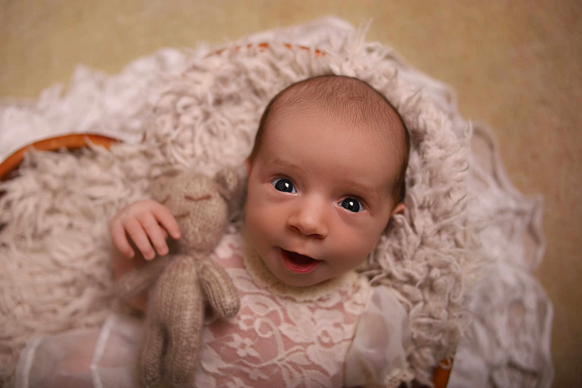 Evelyn is registered to the contest to win money with this photo: baby, infant, teddy_bear, knitted_toy, blanket, fluffy, soft_texture, portrait, cute, child, newborn, closeup, face, eyes, hand, clothing, lace, smile, warm, cozy