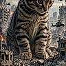 apocalypse, battle, buildings, cat, city, destruction, dramatic, fantasy, fire, giant_cat, helicopter, kitten, military, rubble, ruins, smoke, stormy_sky, surreal, urban, war