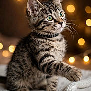 Keanu is registered to the contest to win money with this photo: blanket, bokeh, cat, cozy, curious, cute, feline, green_eyes, indoor, kitten, lights, paw, pet, playful, portrait, soft_texture, tabby, warm_lighting, whiskers, young_cat