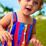 Ocean joined the competition — help win amazing prizes! child, toddler, blue_eyes, blonde_hair, colorful_dress, striped_dress, outdoor, grass, sky, portrait, happy, cute, person, summer, nature, playful, fashion, small_child, smiling, closeup