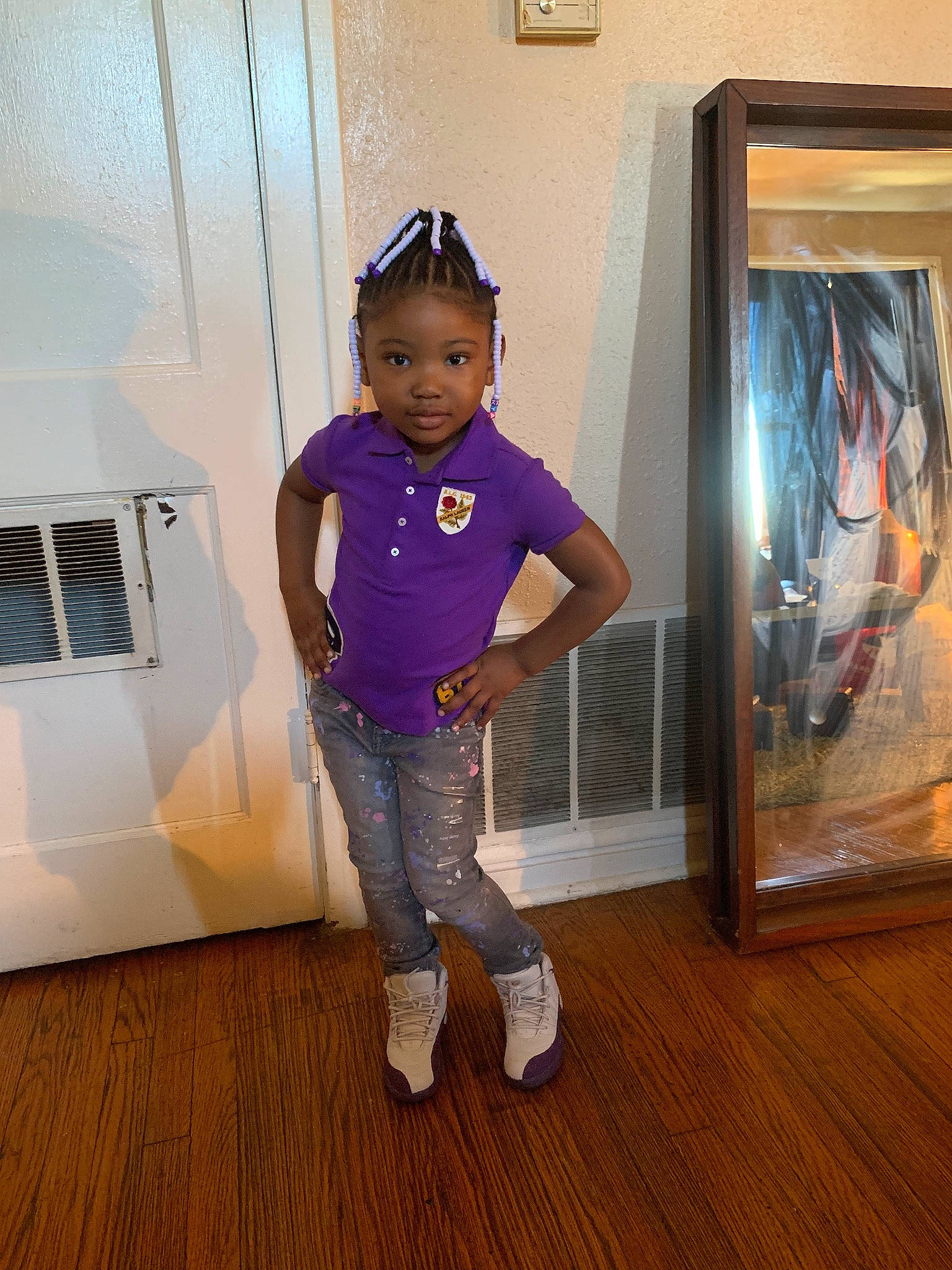 Kya joined the competition — help win amazing prizes! child, costume, floor, flooring, footwear, fun, hardwood, jeans, person, pink, purple, shoe, shoulder, smile, standing, t_shirt, toddler, trunk, vacation