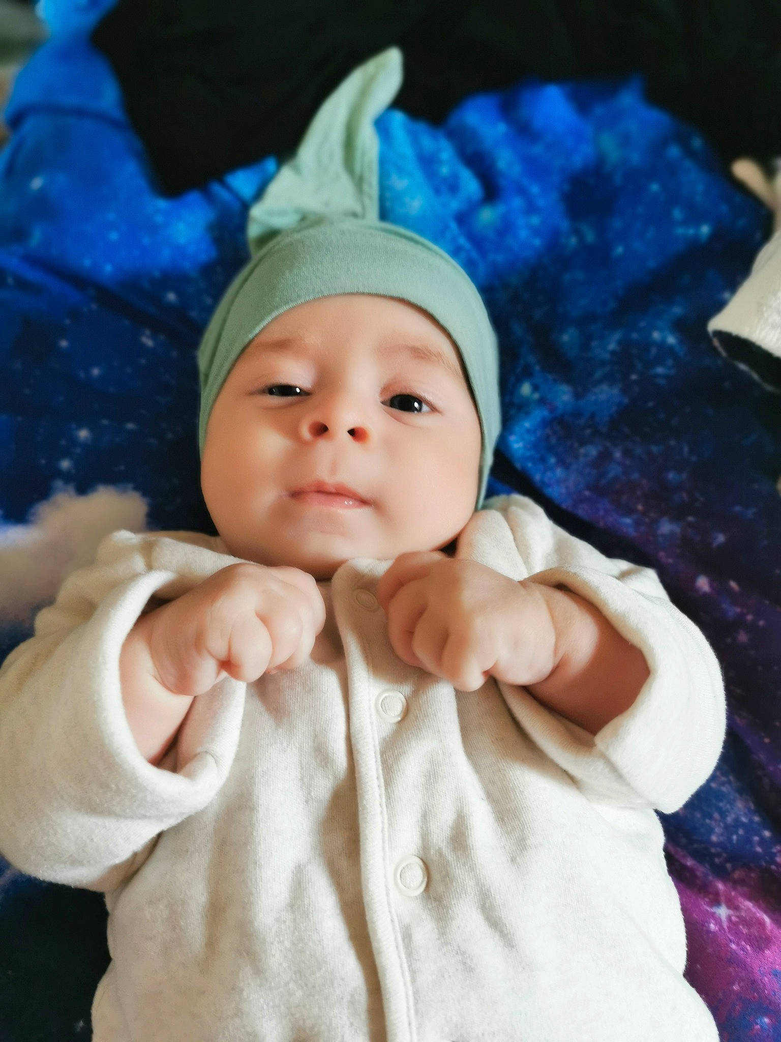 Nicholas joined the competition — help win amazing prizes! azure, baby, baby_toddler_clothing, beauty, cap, cheek, child, comfort, electric_blue, facial_expression, happy, headgear, headwear, knit_cap, linens, person, product, skin, sleeve, smile