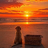 Leia a rejoint le concours — aidez-le/la à gagner de superbes lots ! animal, basket, beach, calm, clouds, dog, nature, ocean, outdoor, peaceful, relaxation, sand, scenic, shadow, silhouette, sky, sun, sunset, twilight, water