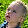 child, toddler, denim_jacket, blue_eyes, blond_hair, outdoor, grass, dandelions, sunlight, portrait, curious, young_child, nature, spring, casual_clothing, cute, innocent, looking_up, daylight, person