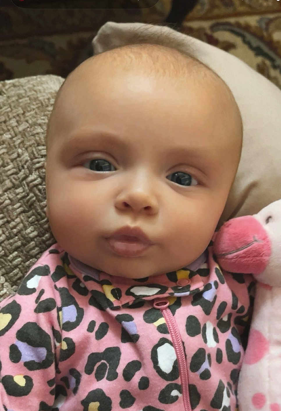 Delilah joined the competition — help win amazing prizes! baby, infant, face, eyes, cheeks, mouth, newborn, onesie, pink, plush_toy, stuffed_animal, leopard_print, pattern, close_up, portrait, indoor, pillow, blanket, adorable, clothing