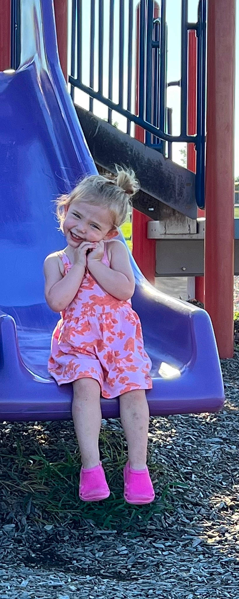 Austyn joined the competition — help win amazing prizes! baby_toddler_clothing, beauty, chute, city, dress, electric_blue, fun, grass, happy, human_leg, joy, leisure, magenta, person, pink, playground, purple, recreation, sandal, skin