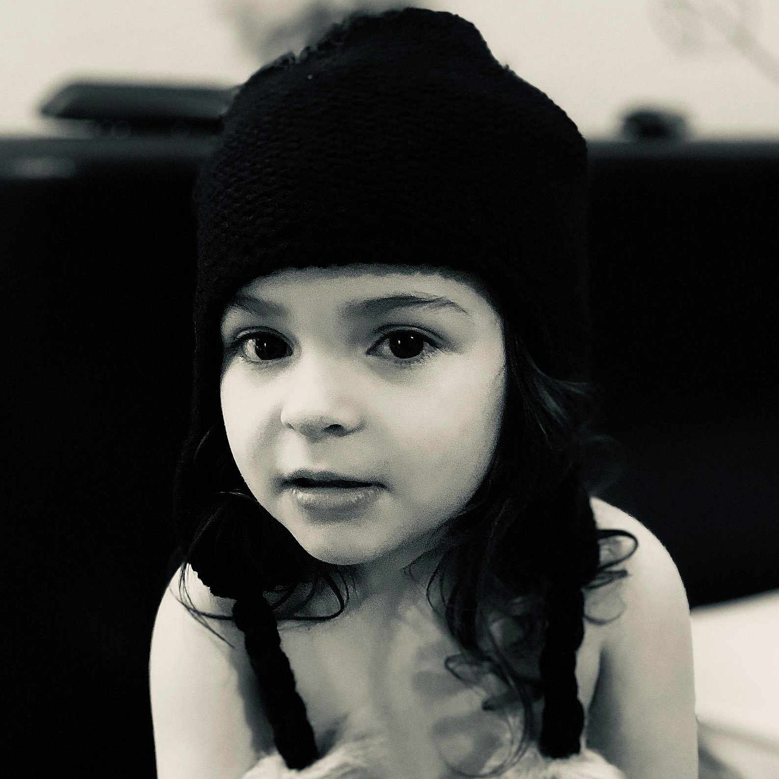 Adelina joined the competition — help win amazing prizes! beanie, beauty, black, black_and_white, black_hair, child, cool, eye, eyebrow, face, hair, hairstyle, head, headgear, headwear, lip, monochrome, monochrome_photography, person, photography