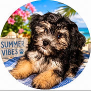 Bentley is registered to the contest to win money with this photo: puppy, dog, fluffy, cute, outdoor, summer, beach, blanket, flowers, sign, blue_sky, greenery, sunlight, relaxed, pet, animal, fur, nose, ears, portrait