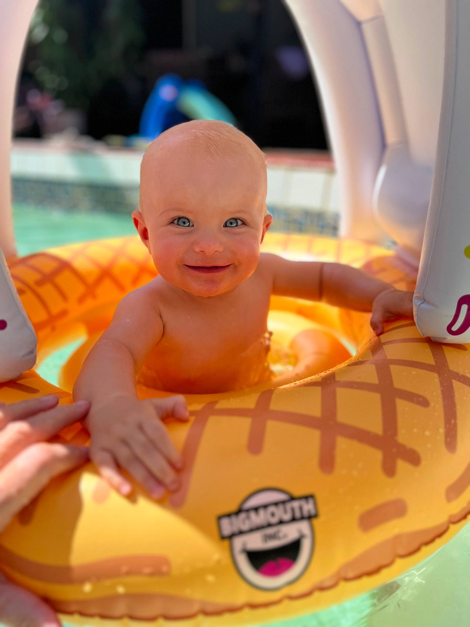Elena is registered to the contest to win money with this photo: baby, baby_float, baby_products, baby_toys, bathing, bumper, child, fun, happy, joy, leisure, orange, person, personal_protective_equipment, play, recreation, smile, swimming_pool, toddler, toy