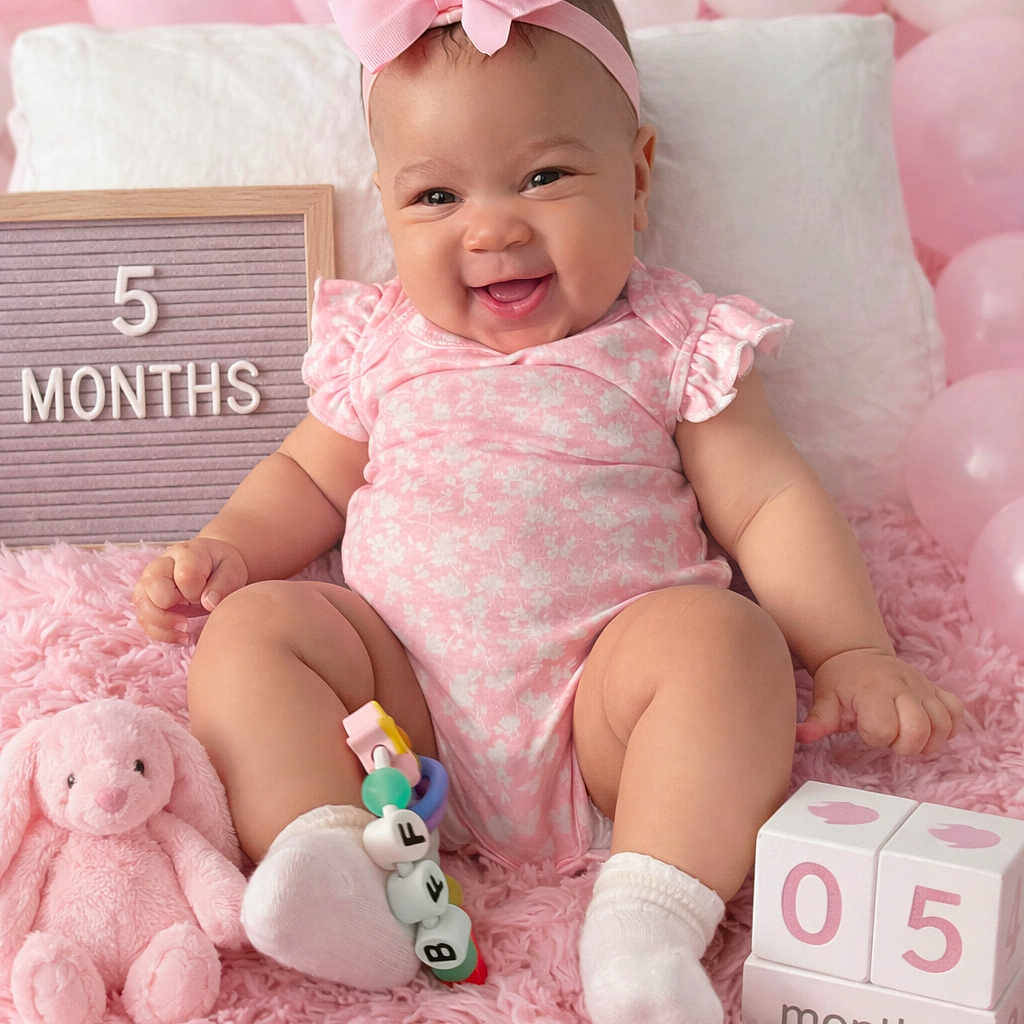 Lzyiah is registered to the contest to win money with this photo: baby, balloons, blocks, bow, celebration, child, cute, fluffy_rug, happy, headband, indoor, infant, milestone, pink, pink_outfit, portrait, smile, socks, soft_toy, toy