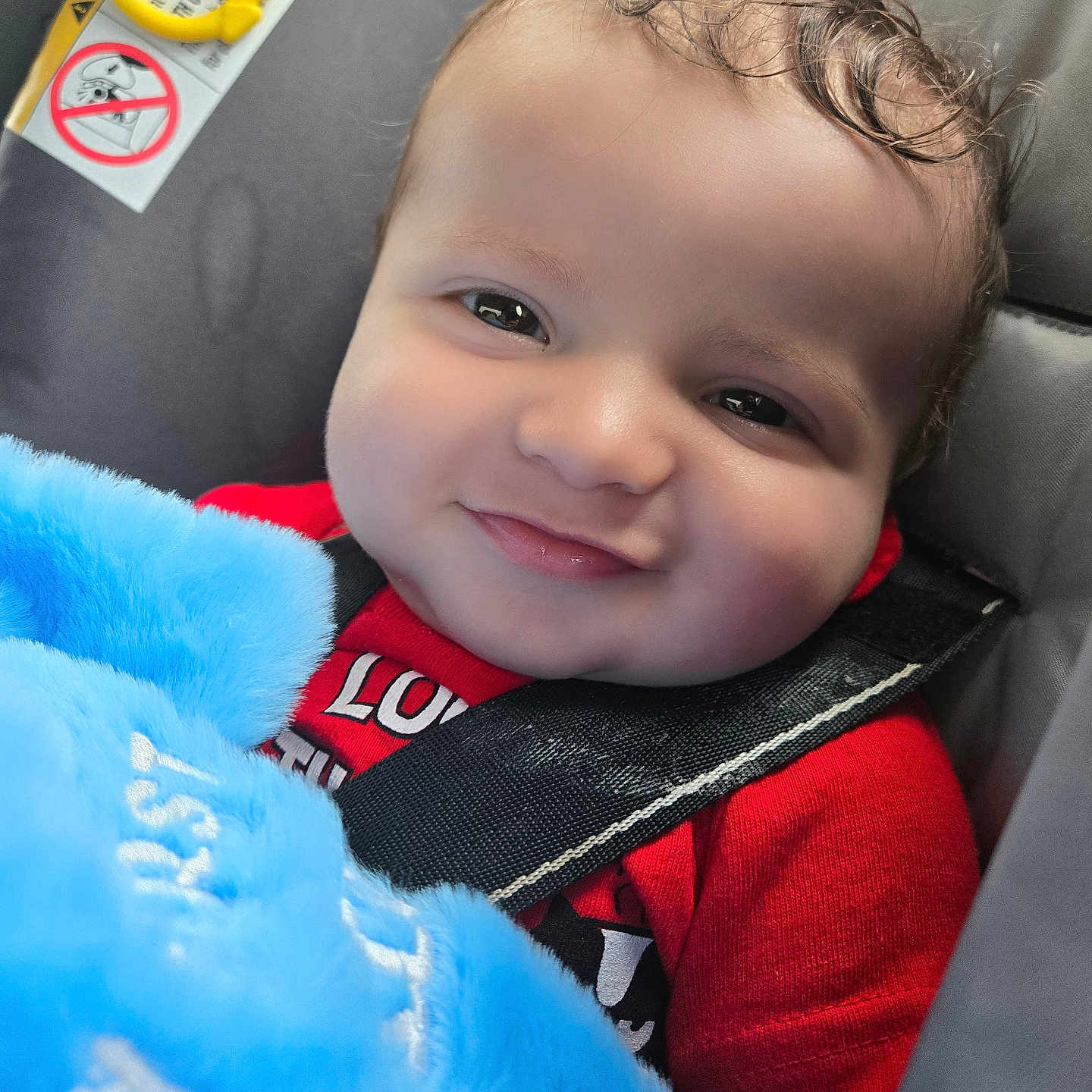 Joel is registered to the contest to win money with this photo: baby, smiling, curly_hair, blue_blanket, car_seat, black_strap, red_shirt, child, face, cute, indoors, toy, yellow_toy, warning_label, close_up, infant, happy, seatbelt, soft_texture, portrait