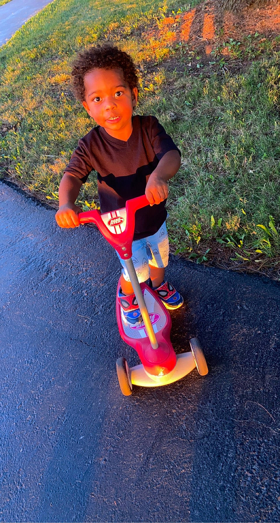 Dante is registered to the contest to win money with this photo: asphalt, baby_toddler_clothing, child, electric_blue, flash_photography, fun, grass, happy, human_leg, knee, leisure, people_in_nature, person, plant, recreation, shadow, shorts, skateboarder, t_shirt, toddler