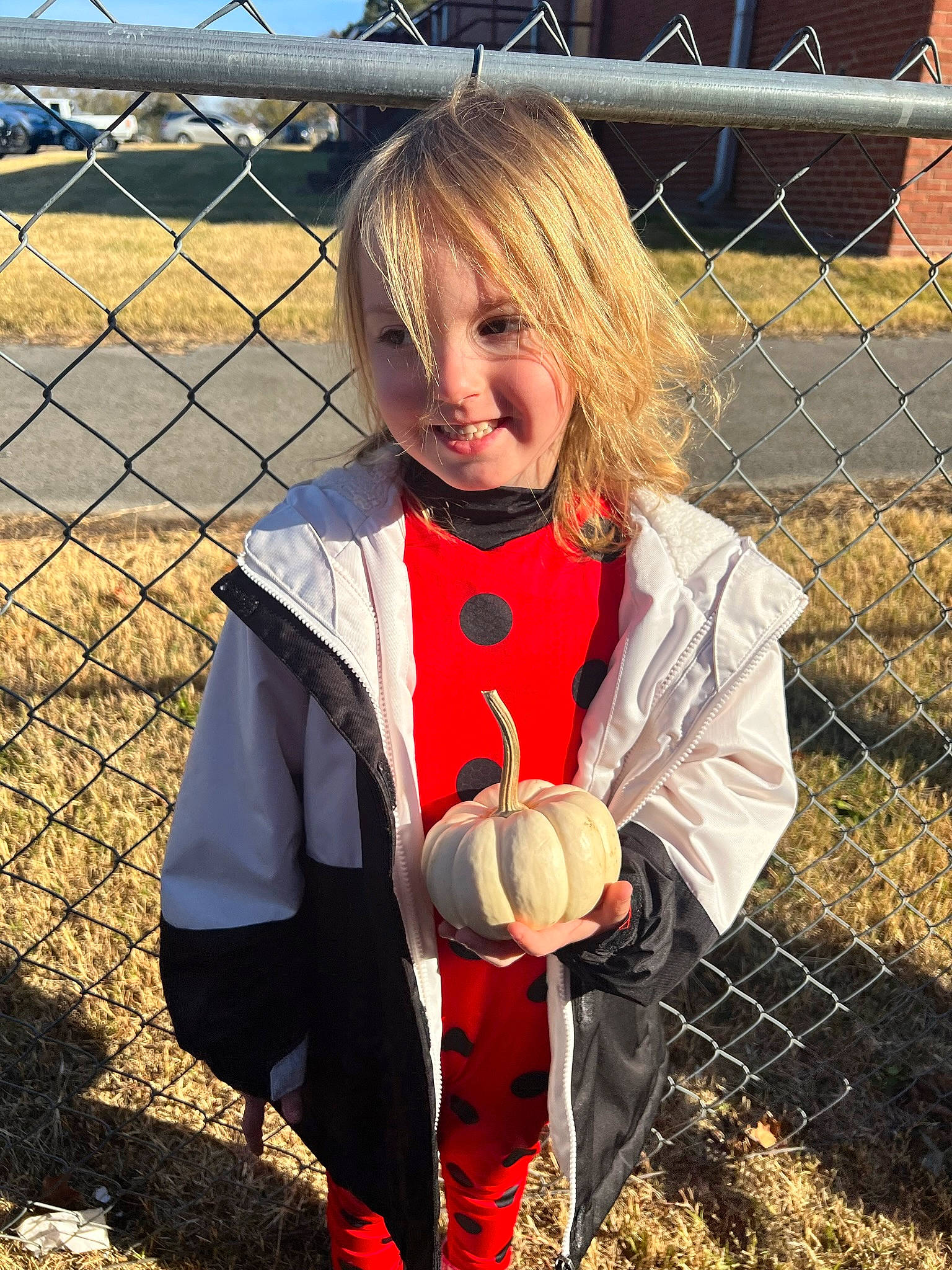 Isabella joined the competition — help win amazing prizes! blond, chain_link_fencing, child, fence, fun, grass, happy, jacket, joy, mesh, pattern, people_in_nature, person, pumpkin, recreation, scarf, sleeve, smile, soil, spring