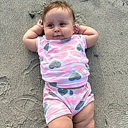Monroe is registered to the contest to win money with this photo: baby, child, sand, beach, clothing, heart_pattern, shorts, shirt, sock, relaxed, cute, outdoor, person, infant, legs, arms, skin, footwear, playful, summer