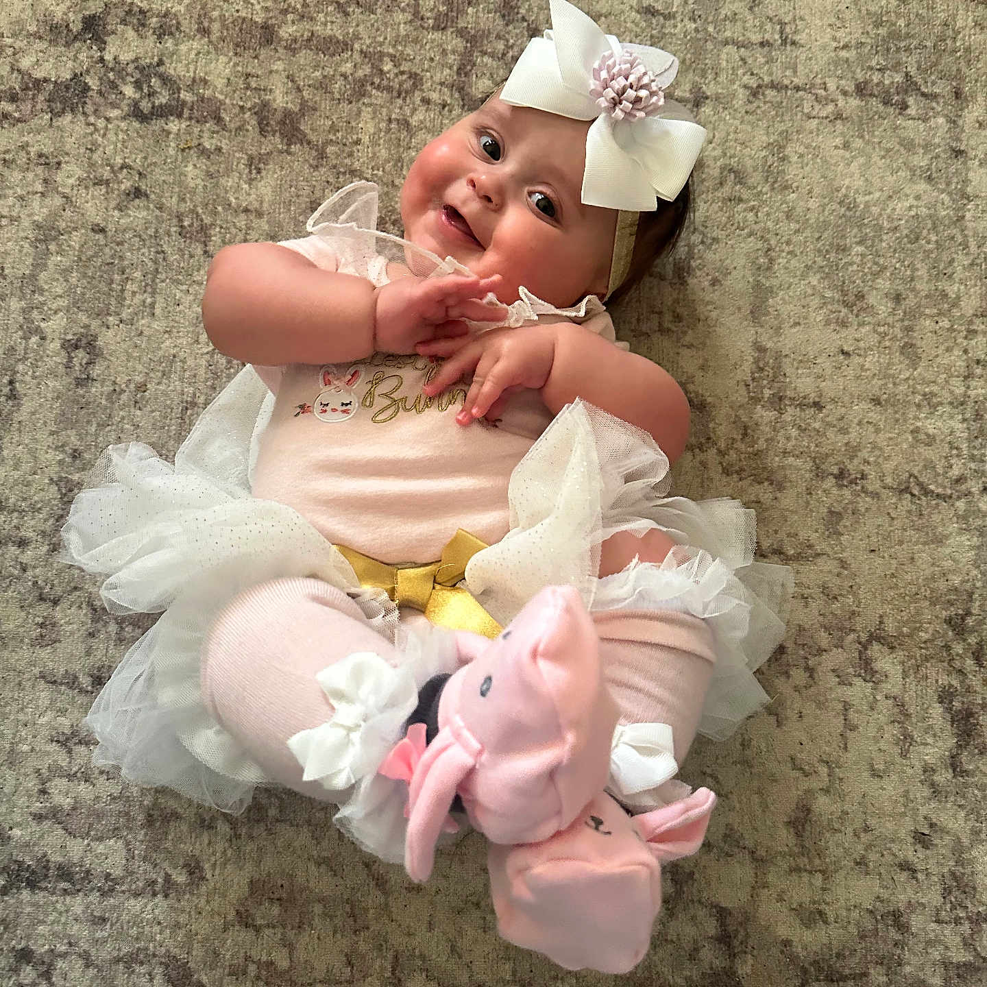 Monroe joined the competition — help win amazing prizes! adorable, baby, bow, carpet, child, chubby, clothing, cute, elephant, floor, happy, headband, indoor, infant, pink, portrait, slippers, smiling, soft, tutu