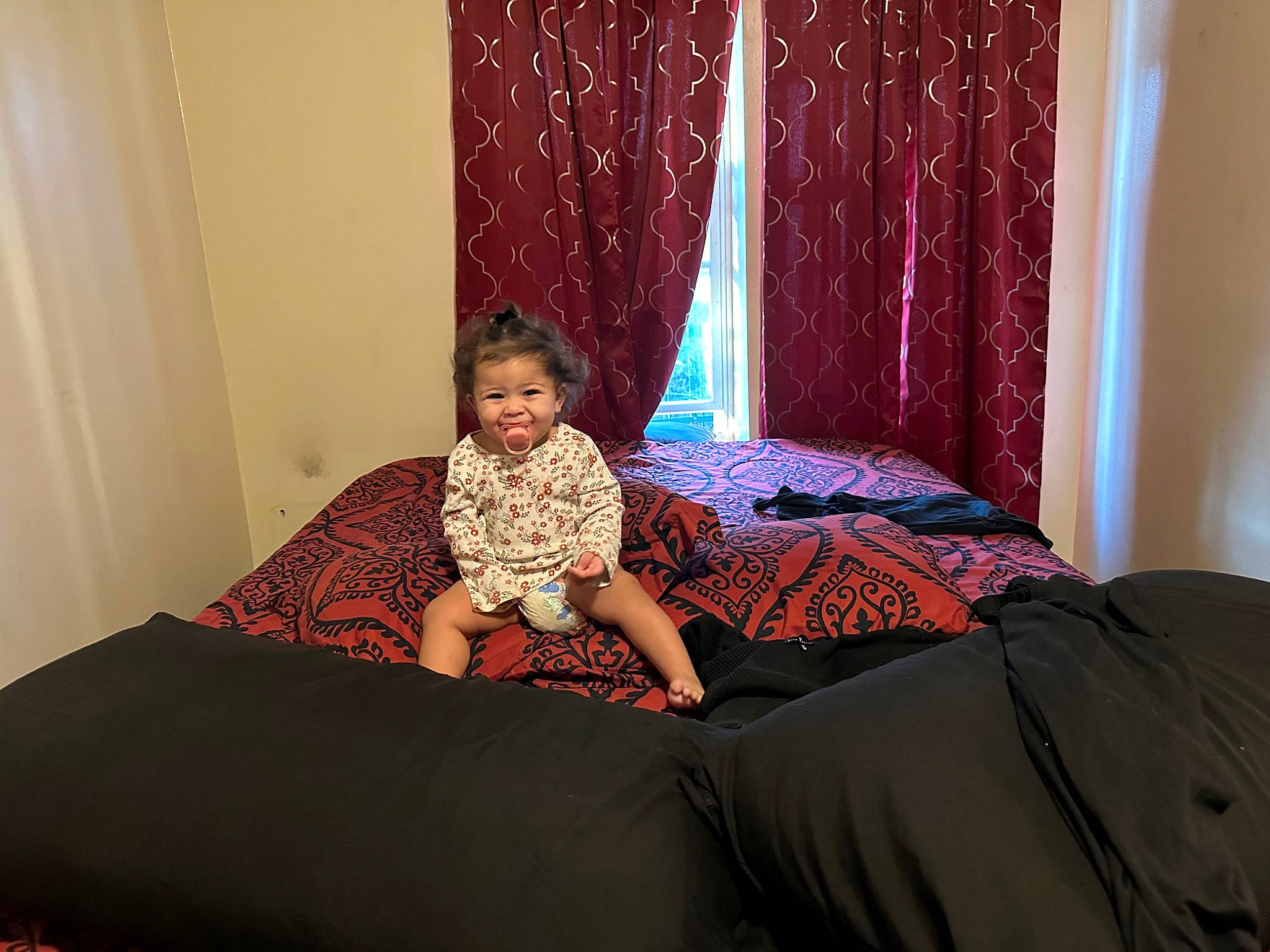 Catalella joined the competition — help win amazing prizes! bed, bed_frame, comfort, curtain, floor, flooring, fun, hairstyle, hardwood, human_leg, interior_design, knee, leisure, linens, long_hair, magenta, person, purple, tints_and_shades, toddler