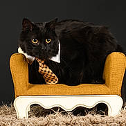 Gino participe au concours pour gagner de l'argent avec cette photo : cat, black_cat, long_hair, feline, animal, portrait, studio, armchair, chair, tie, collar, formal, dressed_up, sitting, lounging, golden, dark_background, rug, whiskers, yellow_eyes
