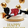 cat, black_cat, santa_costume, christmas, birthday, festive, jumping, midair, golden_balloons, balloons, gifts,  presents, snowflakes, holiday, pedestal, studio, decorative, black_fur, costume, greeting
