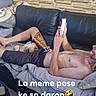 Viking a rejoint le concours — aidez-le/la à gagner de superbes lots ! blanket, casual, couch, dog, furniture, home, human, indoor, leisure, living_room, man, pet, phone, relaxing, resting, shirtless, small_dog, smartphone, stone_wall, wood_floor