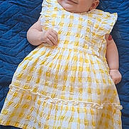 Hattie joined the competition — help win amazing prizes! baby, blue_blanket, checkered_pattern, child, clothing, cute, dress, foot, hand, happy, infant, lying_down, person, portrait, skin, smiling, soft, texture, white, yellow