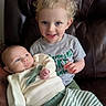 Everett joined the competition — help win amazing prizes! baby, child, toddler, smiling, holding, sibling, indoor, clothing, sweater, knitwear, portrait, cute, couch, leather, blue_eyes, blond_hair, face, person, happy, family