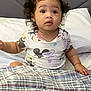 Yazlyn is registered to the contest to win money with this photo: toddler, child, bed, blanket, pillow, curly_hair, hair_buns, mickey_mouse, shirt, plaid, bedroom, indoors, person, young_child, cute, sitting, curious, expression, comfort, sleepwear