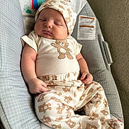 Oscar Balderrama is registered to the contest to win money with this photo: baby, sleeping, teddy_bear, hat, onesie, baby_seat, cushion, infant, cute, peaceful, child, indoors, soft_lighting, comfortable, patterned_clothing, headwear, resting, newborn, plush, portrait