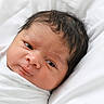 newborn, baby, infant, wrapped, blanket, white, soft, portrait, face, head, curly_hair, sleeping_area, closeup, skin, newborn_baby, lying_down, cute, child, resting, indoors