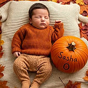 Sasha joined the competition — help win amazing prizes! baby, sleeping, autumn, leaves, pumpkin, knitwear, blanket, cozy, indoors, child, fall, orange, brown, cute, peaceful, soft, warm, portrait, newborn, decor
