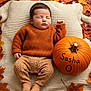 baby, sleeping, autumn, leaves, pumpkin, knitwear, blanket, cozy, indoors, child, fall, orange, brown, cute, peaceful, soft, warm, portrait, newborn, decor