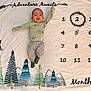Myles is registered to the contest to win money with this photo: baby, infant, milestone_blanket, adventure_awaits, months, wreath, numbers, dinosaur_pajamas, gray_pants, green_socks, smiling, lying_down, cute, child, portrait, indoor, blanket, decorative, trees, mountains