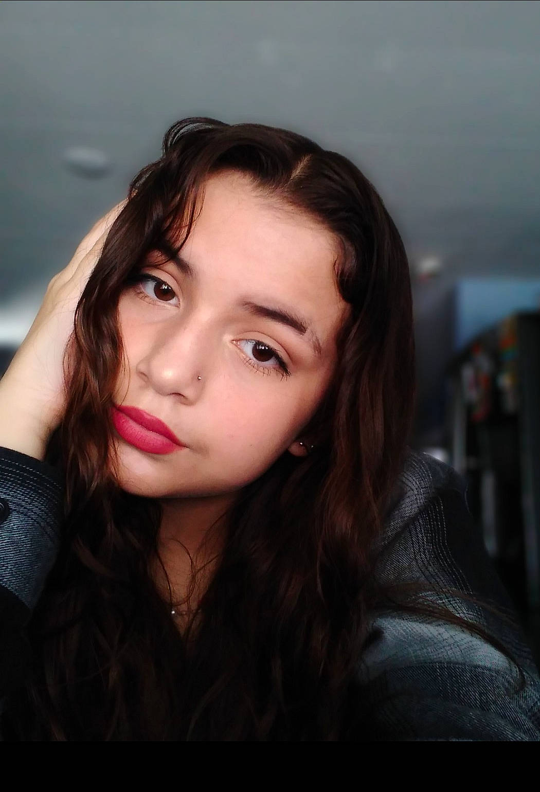 Angelina joined the competition — help win amazing prizes! black_hair, brown_hair, cheek, darkness, electric_blue, eyebrow, eyelash, fashion_model, flash_photography, happy, jaw, layered_hair, lip, lipstick, long_hair, makeover, person, portrait, portrait_photography, sitting