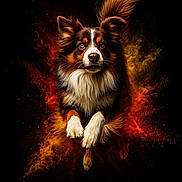 Saïko a rejoint le concours — aidez-le/la à gagner de superbes lots ! dog, australian_shepherd, animal, pet, fur, ears, tail, paws, leaping, explosion, powder, orange, yellow, black_background, portrait, energetic, fluffy, closeup, action, dynamic