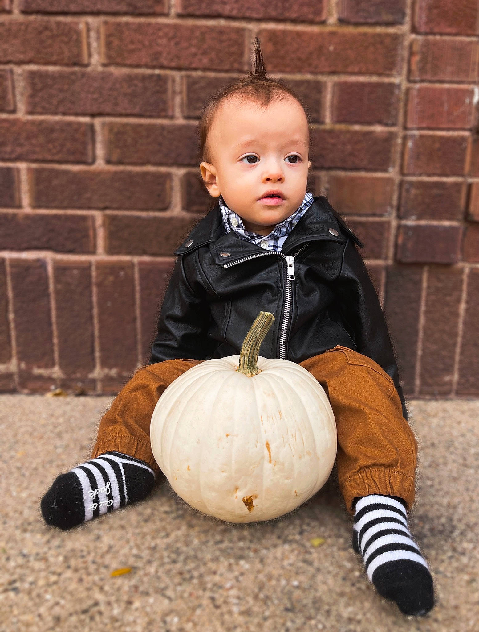 Malcolm joined the competition — help win amazing prizes! ball, brick, brickwork, child, eye, flash_photography, floor, flooring, grass, happy, head, human, leg, orange, outerwear, person, sneakers, standing, toddler, tree
