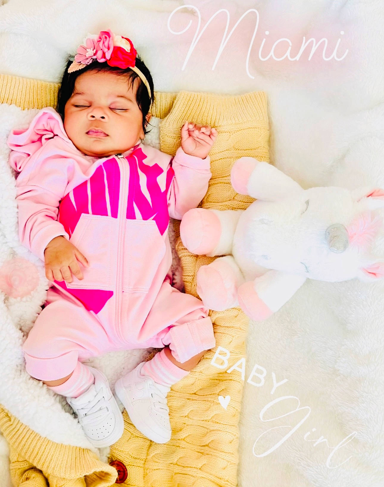 Miami joined the competition — help win amazing prizes! baby, baby_sleeping, baby_toddler_clothing, child, comfort, finger, font, foot, happy, linens, magenta, pattern, peach, person, pink, portrait_photography, room, sitting, sleeve, thumb