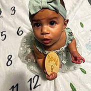 Mia is registered to the contest to win money with this photo: age, baby, blanket, bow, celebration, child, curious, cute, dress, flower, girl, green, headband, indoor, milestone, numbers, person, plaque, portrait, sitting