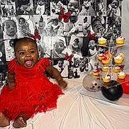 Azhani is registered to the contest to win money with this photo: baby, child, red_dress, smiling, cupcakes, balloons, birthday, celebration, photo_collage, black_and_white, butterflies, happy, sitting, party, decorations, indoor, person, cute, toddler, cake_stand