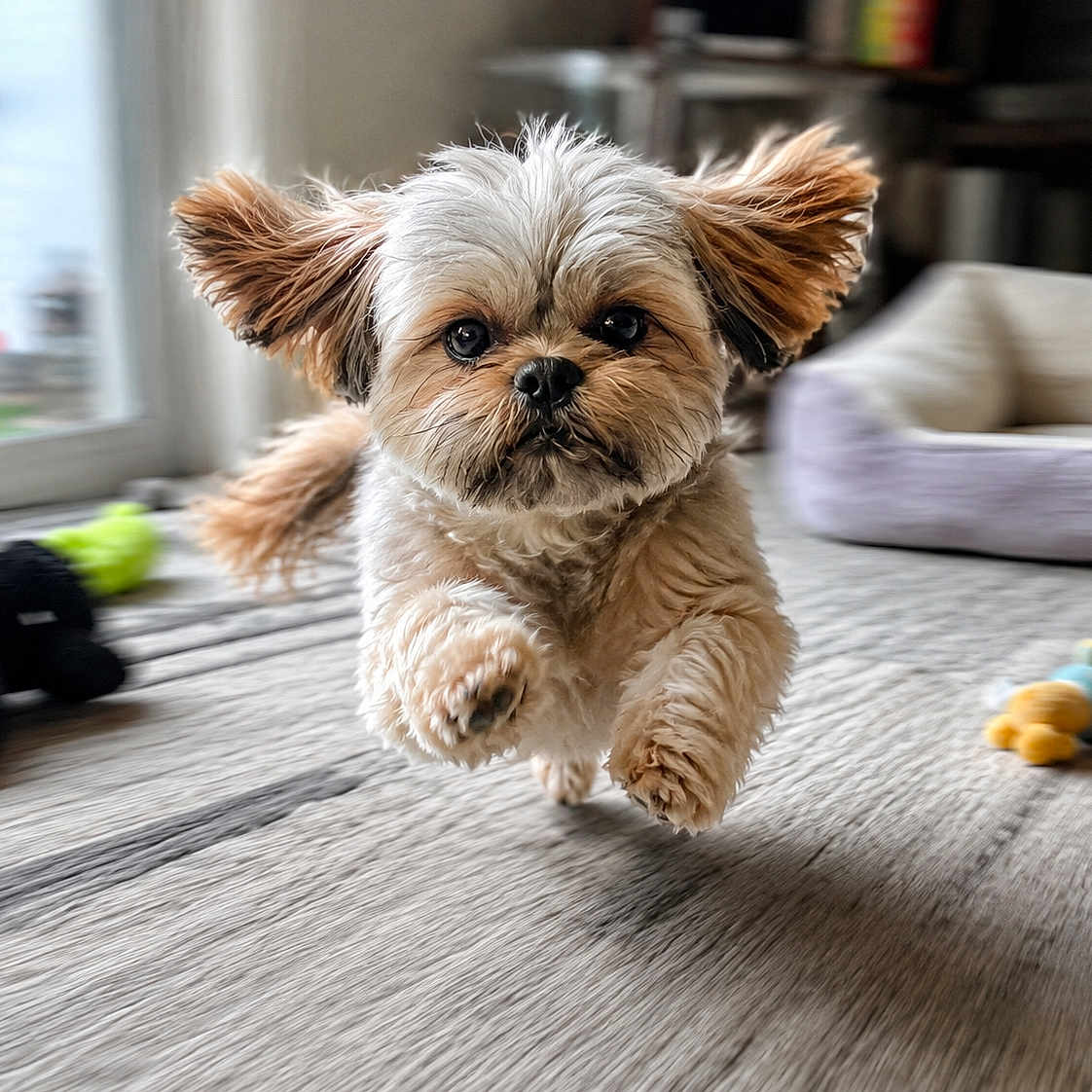 Willow joined the competition — help win amazing prizes! dog, cute, puppy, indoor, leaping, fur, ears, pet, toy, carpet, living_room, bed, motion_blur, playful, animal, small_dog, brown, white, fluffy, close_up