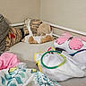 Ponyo joined the competition — help win amazing prizes! cat, pet, animal, kitten, orange_and_white, sleeping, lying_down, stuffed_animal, tiger_plush, butterfly_pillow, blanket, bed, bedroom, cushion, pink, cozy, indoors, home, colorful, relaxed