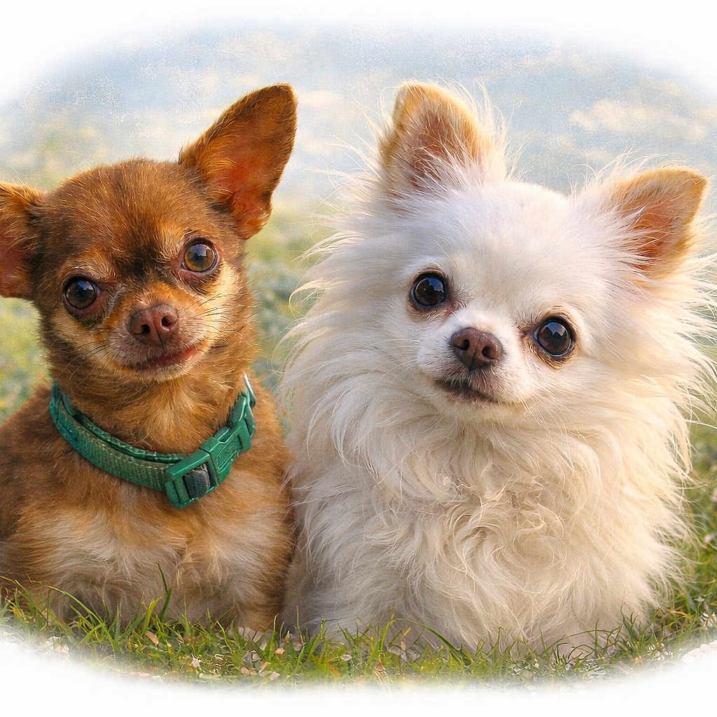 Umiko-Igloo participe au concours pour gagner de l'argent avec cette photo : dog, chihuahua, brown_dog, white_dog, grass, collar, pet, cute, animal, outdoor, fluffy, small_dog, portrait, nature, fur, ears, face, two_dogs, companions, vignette