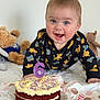 Mark joined the competition — help win amazing prizes! baby, smiling, blue_eyes, cake, birthday_candle, number_6, teddy_bear, toy, crawling, clothing, long_sleeve, indoor, celebration, happy, face, drool, tablecloth, person, child, home