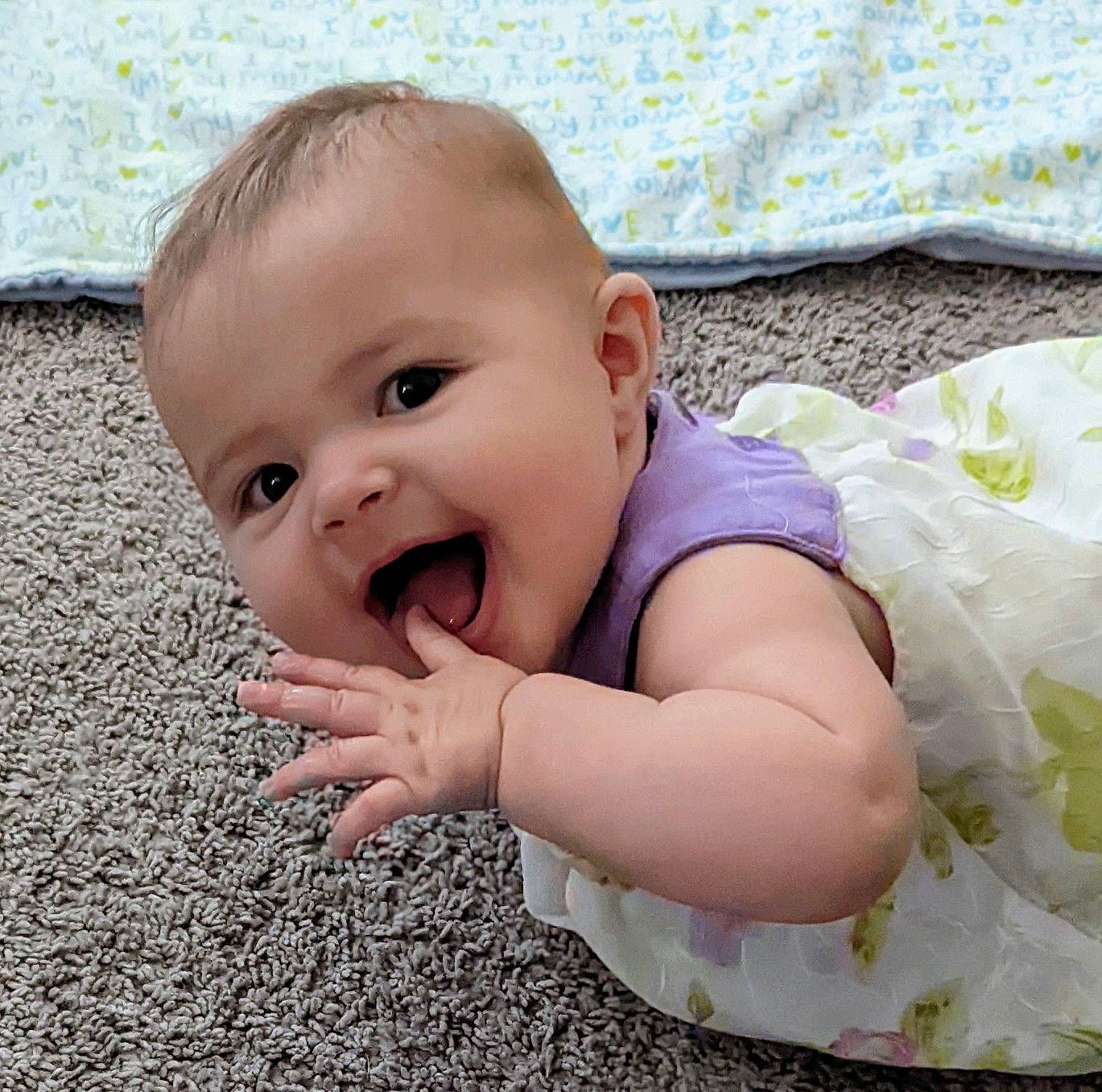 Emmaline joined the competition — help win amazing prizes! baby, baby_toddler_clothing, cheek, eye, face, finger, fun, grass, hairstyle, happy, head, iris, mouth, nose, people_in_nature, person, product, skin, smile, toddler