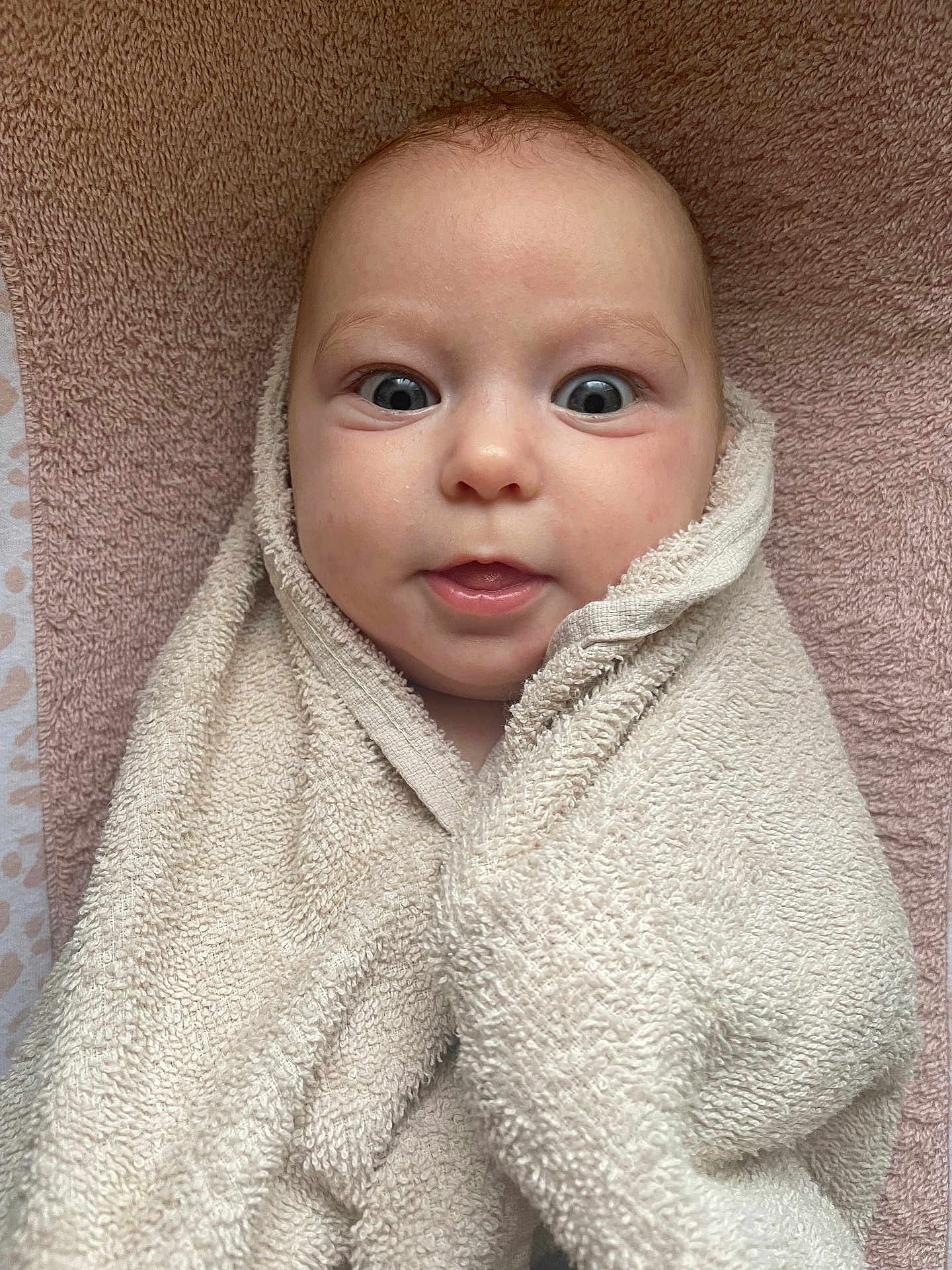 Bianca a rejoint le concours — aidez-le/la à gagner de superbes lots ! baby, towel, wrapped, face, eyes, smile, infant, soft_texture, closeup, portrait, skin, head, expression, young_child, cute, indoors, comfort, blanket, cozy, child